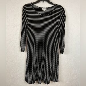 Garnet Hill Black White Striped Swing A Line 3/4 Ruched Sleeve Dress Size Small